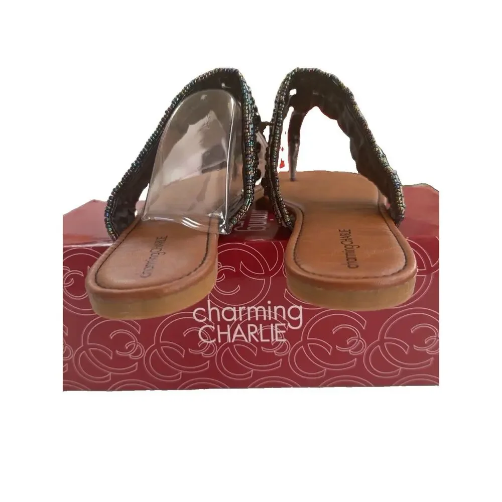 🆕Charming Charlie Beaded T-Strap Slip On Flat Sandals Womens 11 EU 41 Brown NIB